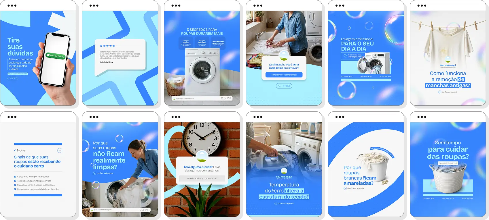 Pack social media lavanderia com posts prontos para Instagram de lavagem de roupas e praticidade