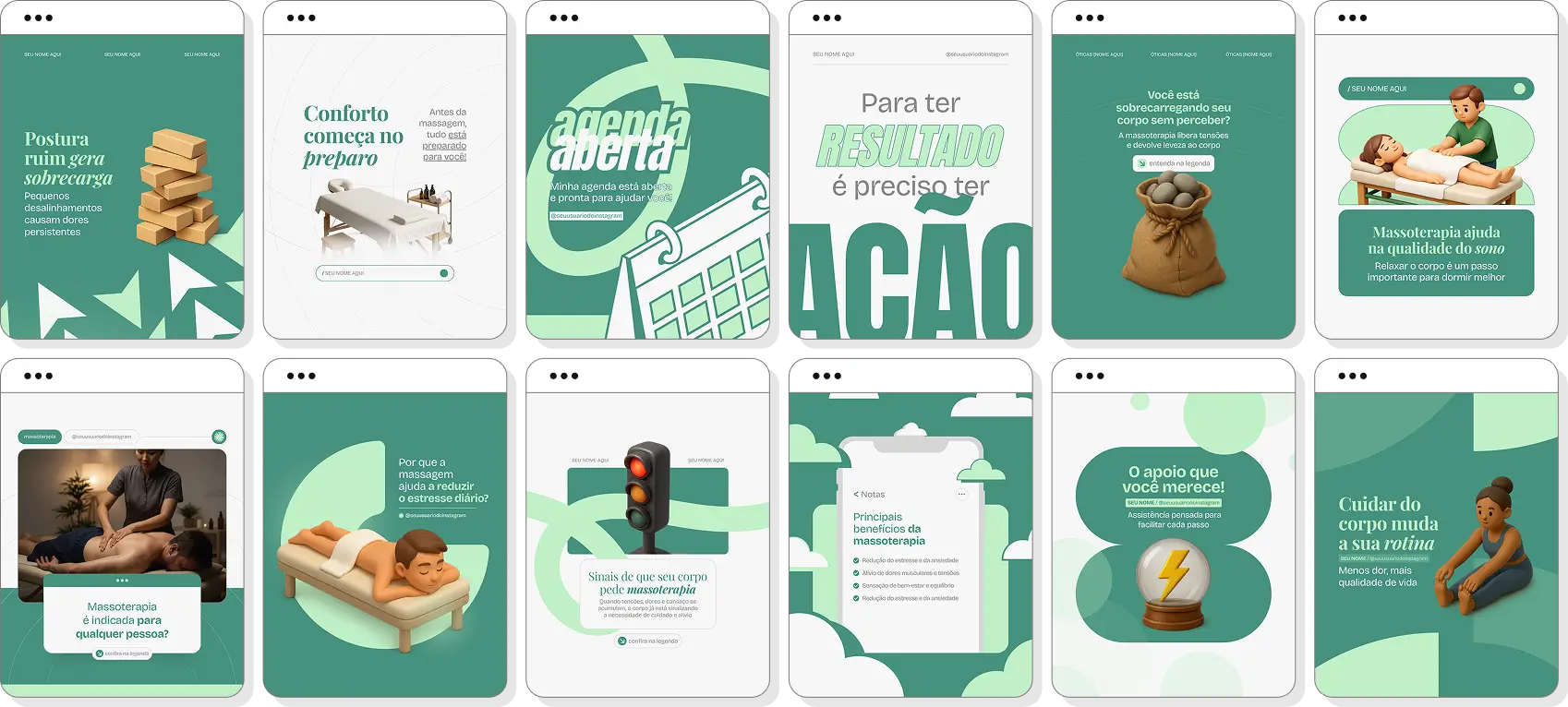 Pack de posts para massoterapia com templates no Canva para Instagram sobre bem-estar, relaxamento e saúde