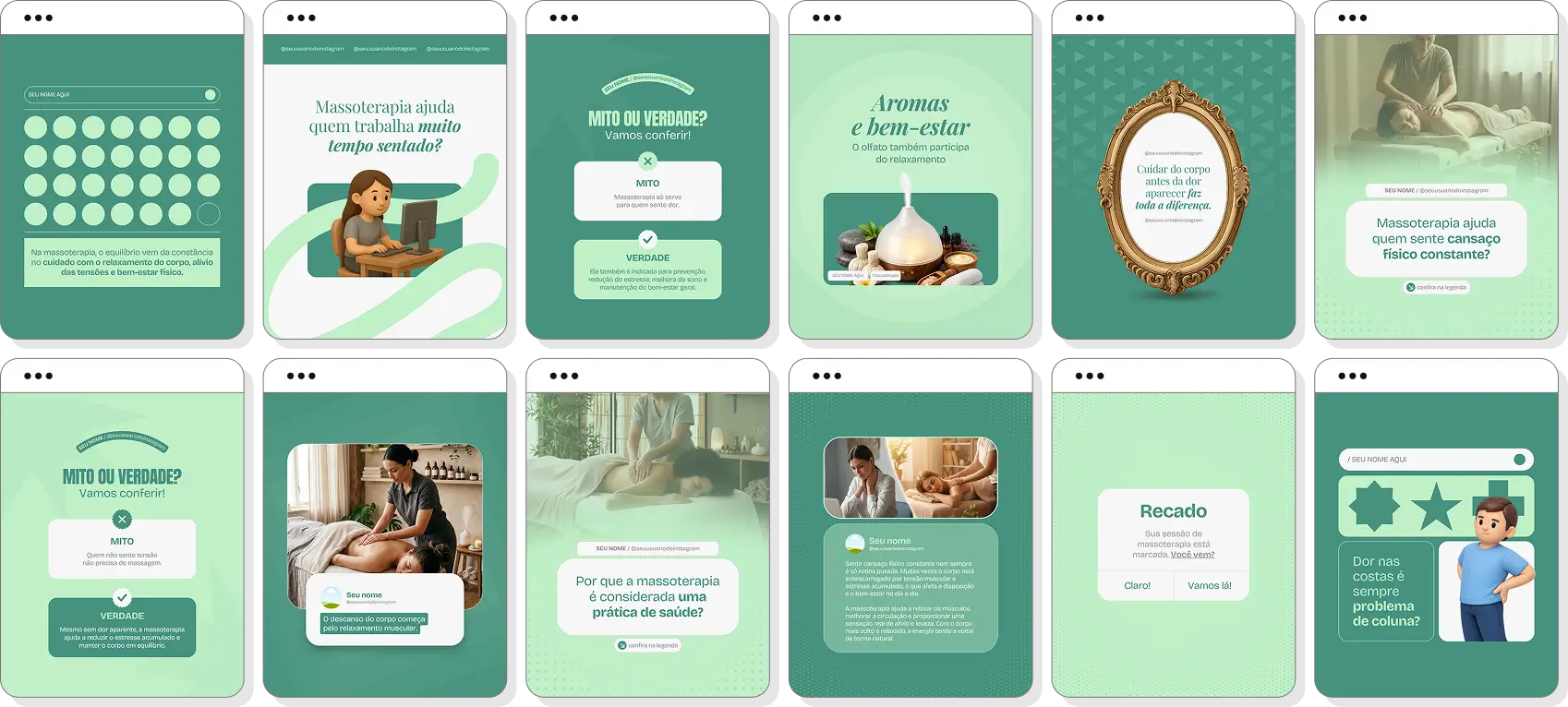 Posts para massoterapia com ideias de conteúdo para Instagram sobre relaxamento e terapias corporais