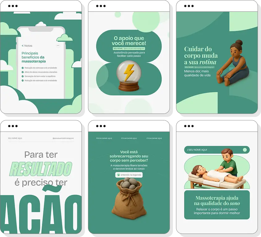 Pack Canva massoterapia com posts editáveis para Instagram de massagens terapêuticas e qualidade de vida