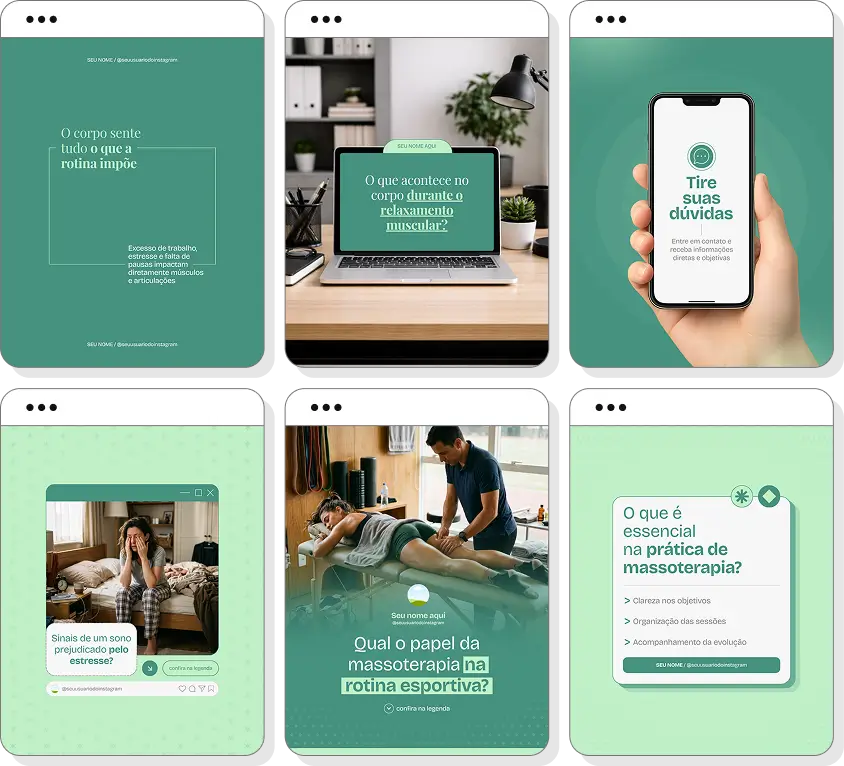 Pack Canva massoterapia com ideias de posts para perfil de Instagram sobre terapias corporais