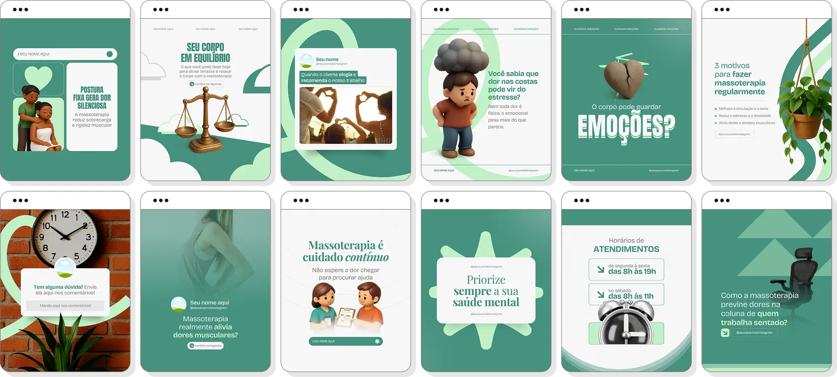 Social media massoterapia com pack de posts para Instagram de massagens e qualidade de vida