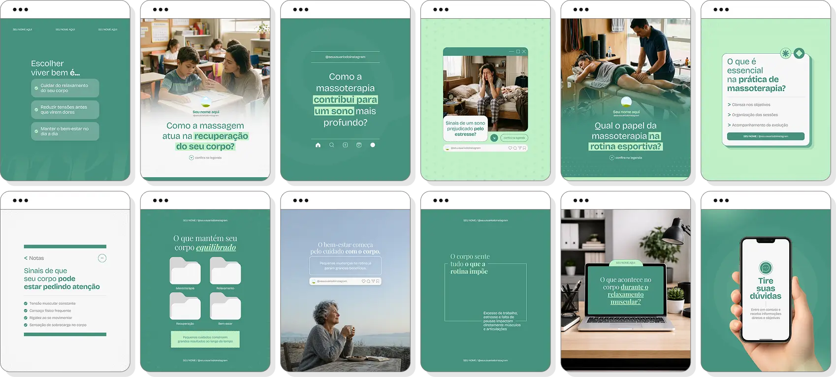Posts para perfil de massoterapia no Instagram com templates Canva sobre bem-estar e relaxamento
