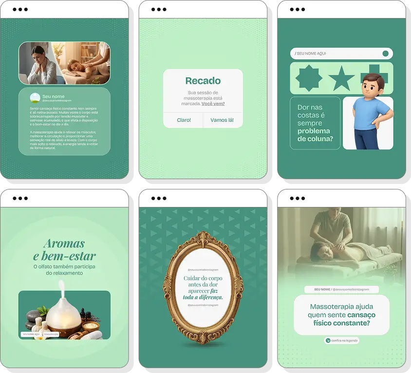 Pack de posts para Instagram massoterapia com artes editáveis sobre massagens e saúde corporal