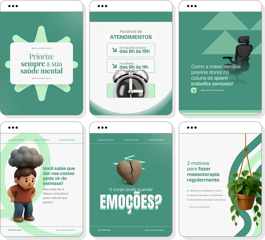 Pack social media massoterapia com conteúdos para Instagram de relaxamento e bem-estar físico
