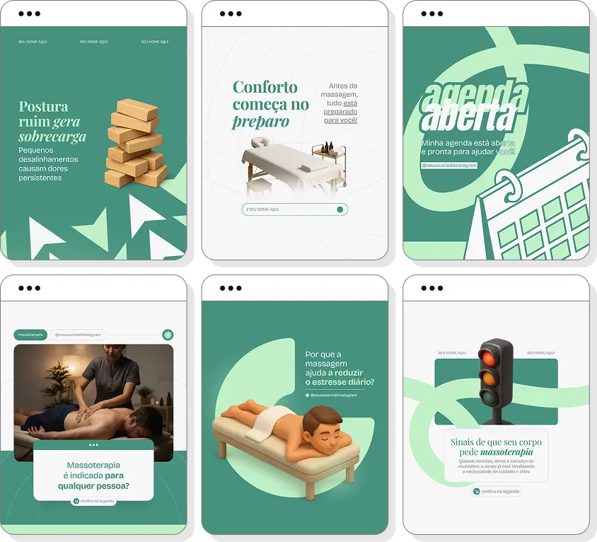 Pack de posts editáveis massoterapia com foco em alívio muscular, relaxamento e bem-estar corporal
