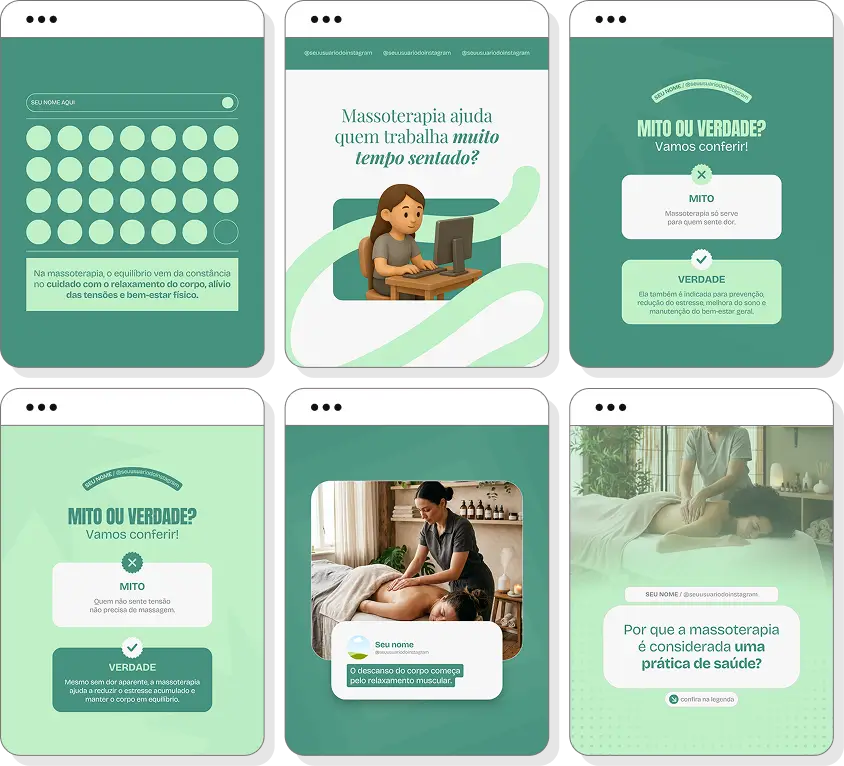 Pack de posts editáveis massoterapia com Instagram de terapias corporais e qualidade de vida