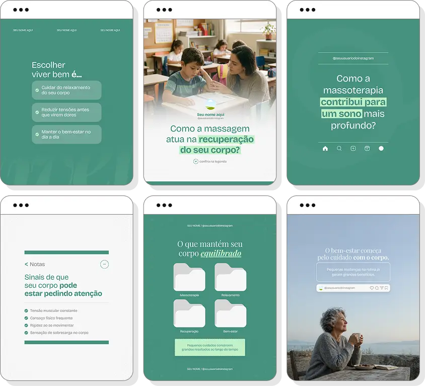 Pack Canva massoterapia com posts para Instagram de massagens terapêuticas e autocuidado