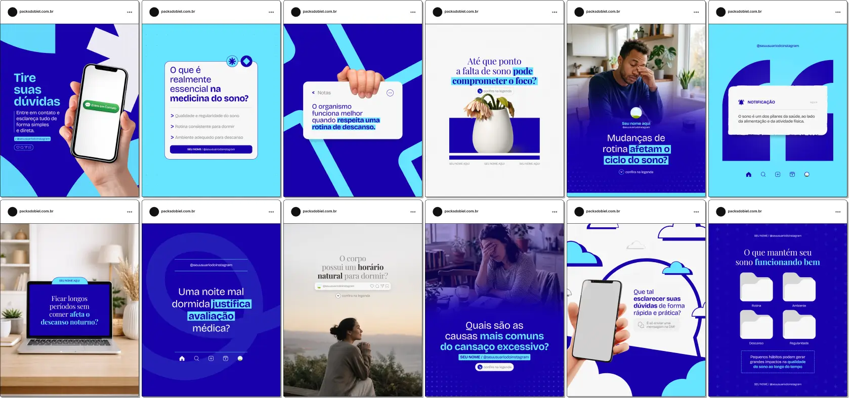 Pack Canva medicina do sono com posts prontos para Instagram sobre insônia, sono e saúde