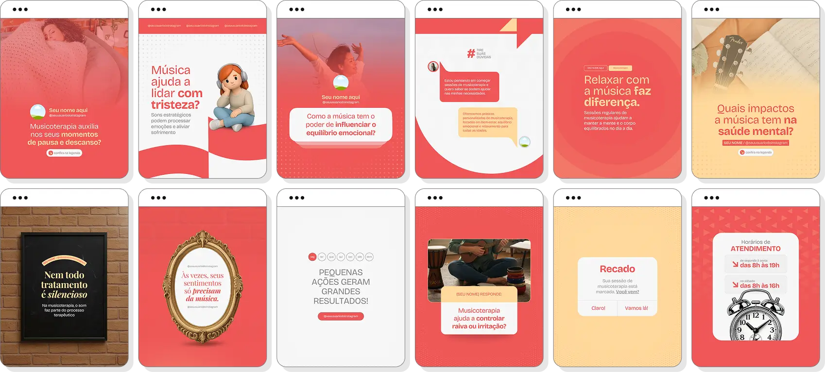 Pack de posts para musicoterapia com templates no Canva para Instagram sobre terapia musical e bem-estar