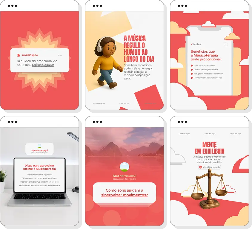 Pack Canva musicoterapia com posts editáveis para Instagram de terapia com música e desenvolvimento emocional