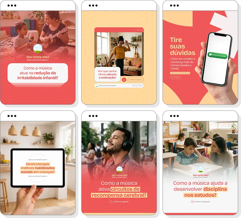 Pack Canva musicoterapia com ideias de posts para perfil de Instagram sobre terapia com música