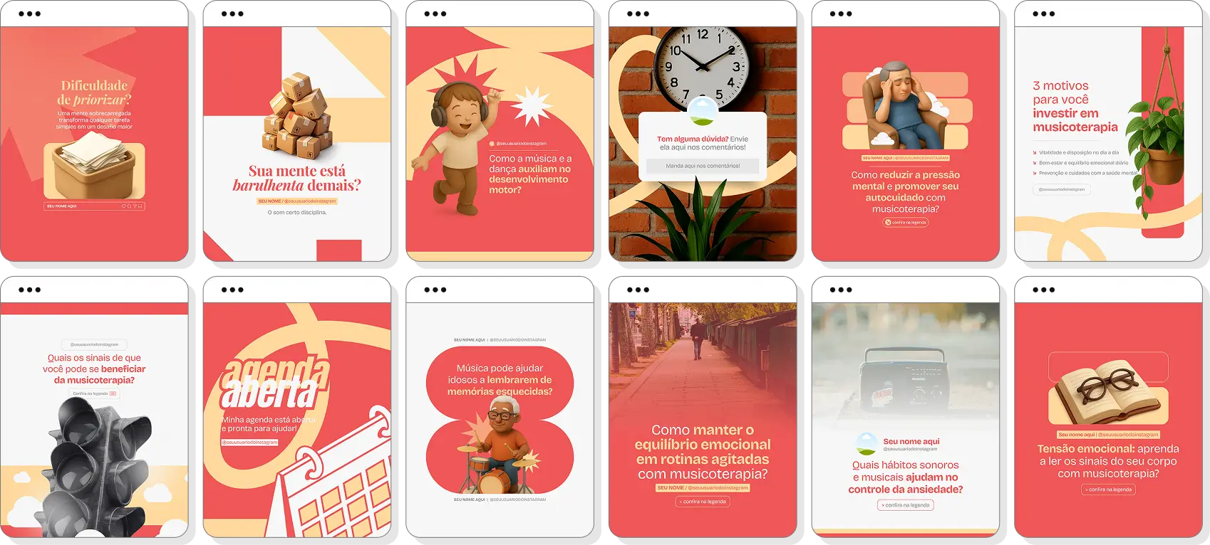 Social media musicoterapia com pack de posts para Instagram de música terapêutica e bem-estar emocional