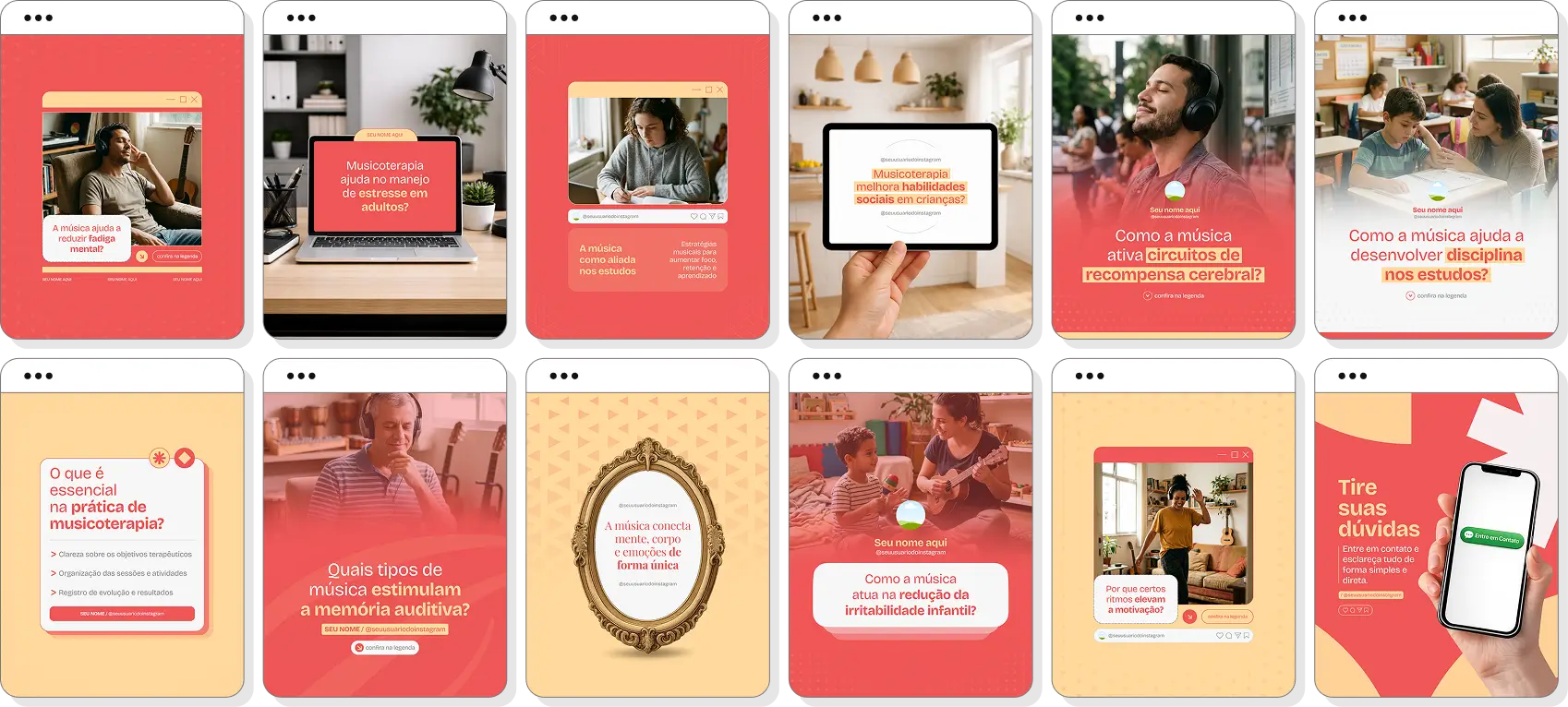 Posts para perfil de musicoterapia no Instagram com templates Canva sobre música e emoções