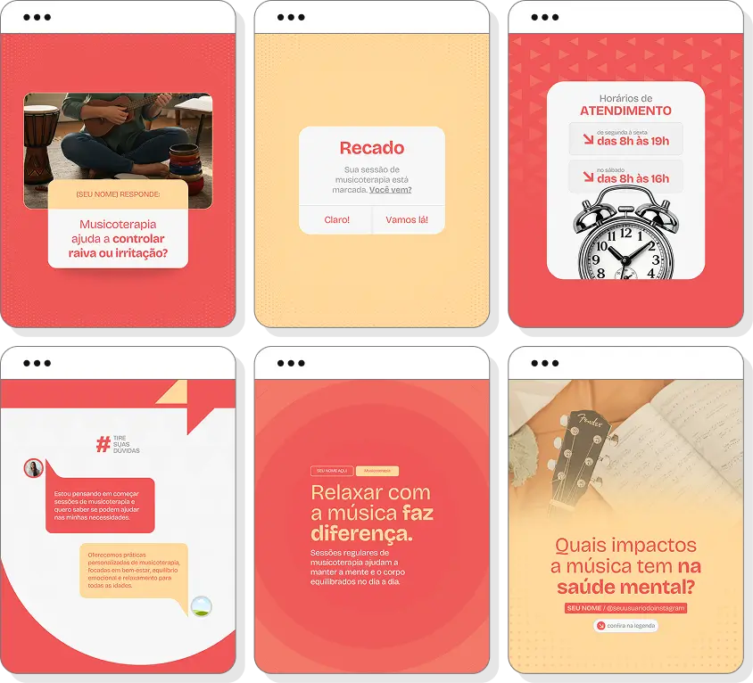 Pack de posts para Instagram musicoterapia com artes editáveis sobre terapia musical e saúde emocional