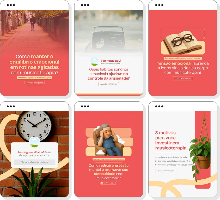 Pack social media musicoterapia com conteúdos para Instagram de música, emoções e bem-estar