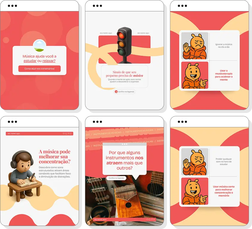 Pack de posts editáveis musicoterapia com foco em terapia musical, emoções e desenvolvimento humano
