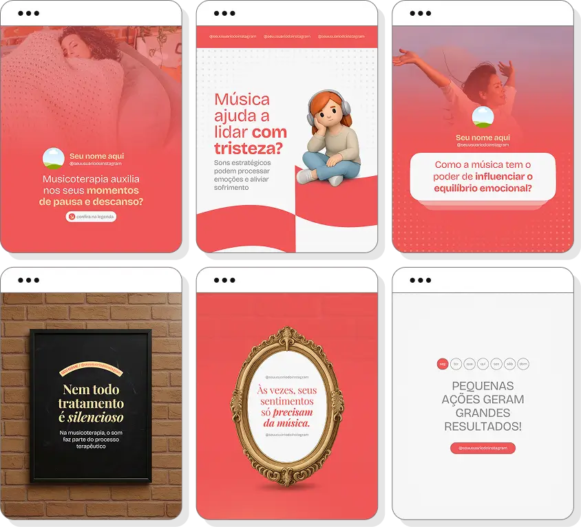 Ideias de post para musicoterapia com pack de conteúdo para Instagram sobre terapia musical