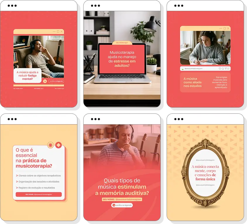 Pack Canva musicoterapia com posts para Instagram de musicoterapia, emoções e desenvolvimento humano