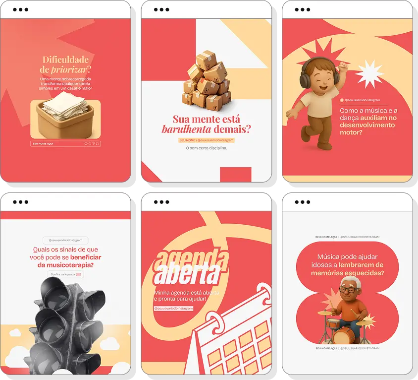 Pack de posts editáveis musicoterapia com Instagram de música terapêutica e desenvolvimento emocional