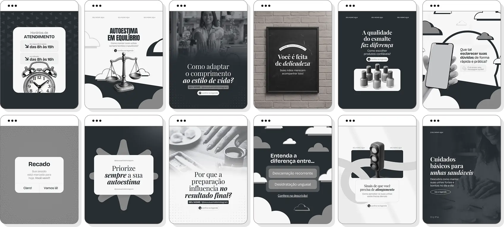 Pack Canva nail designer com posts editáveis para Instagram de unhas decoradas e alongamento de unhas