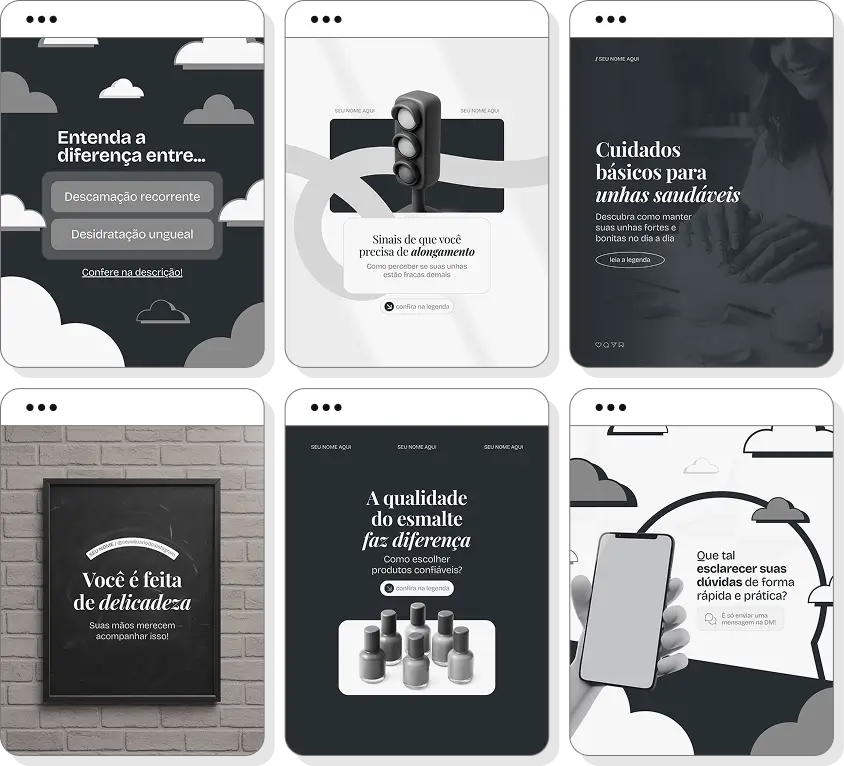 Pack de posts para nail designer com templates no Canva para Instagram sobre unhas, estética e beleza