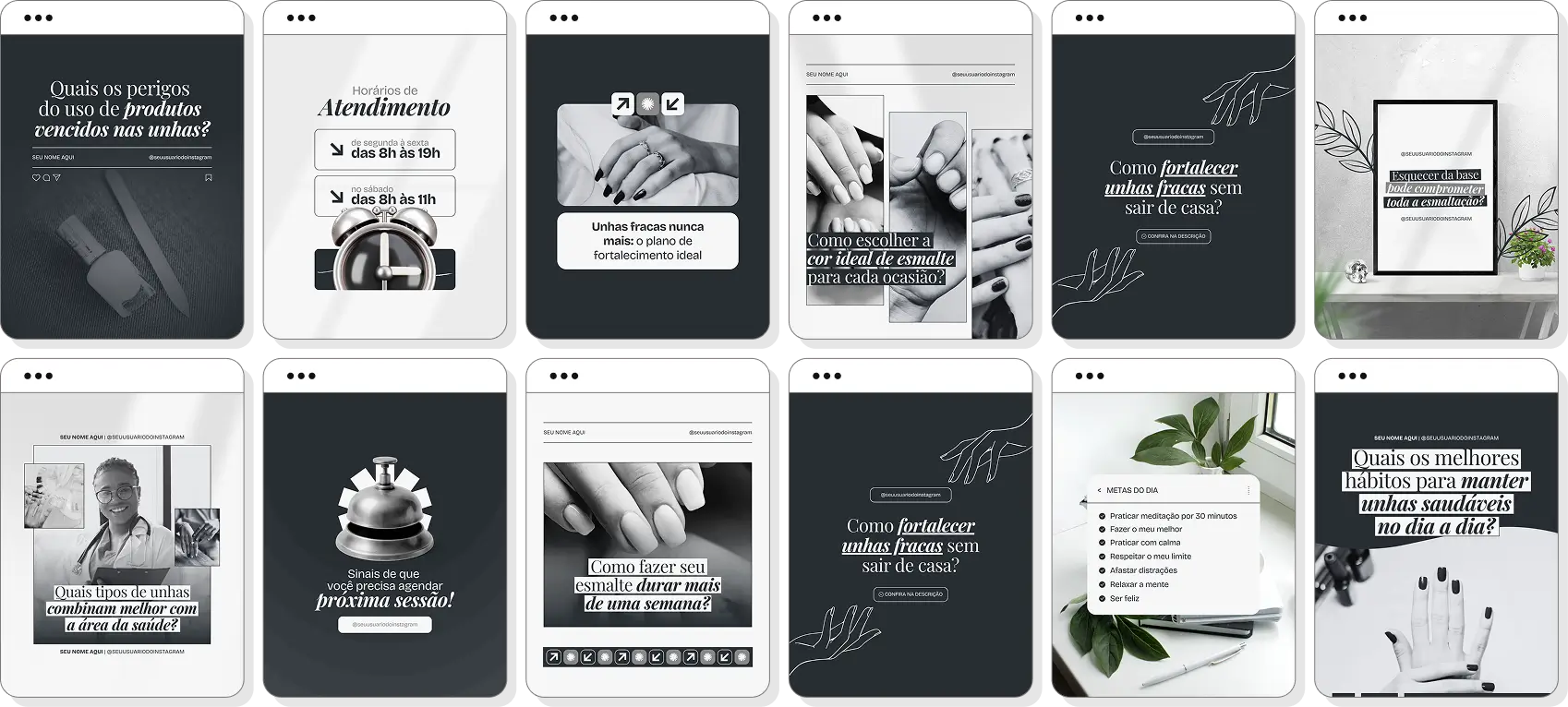 Pack de posts editáveis nail designer com foco em unhas decoradas, estética e design de unhas