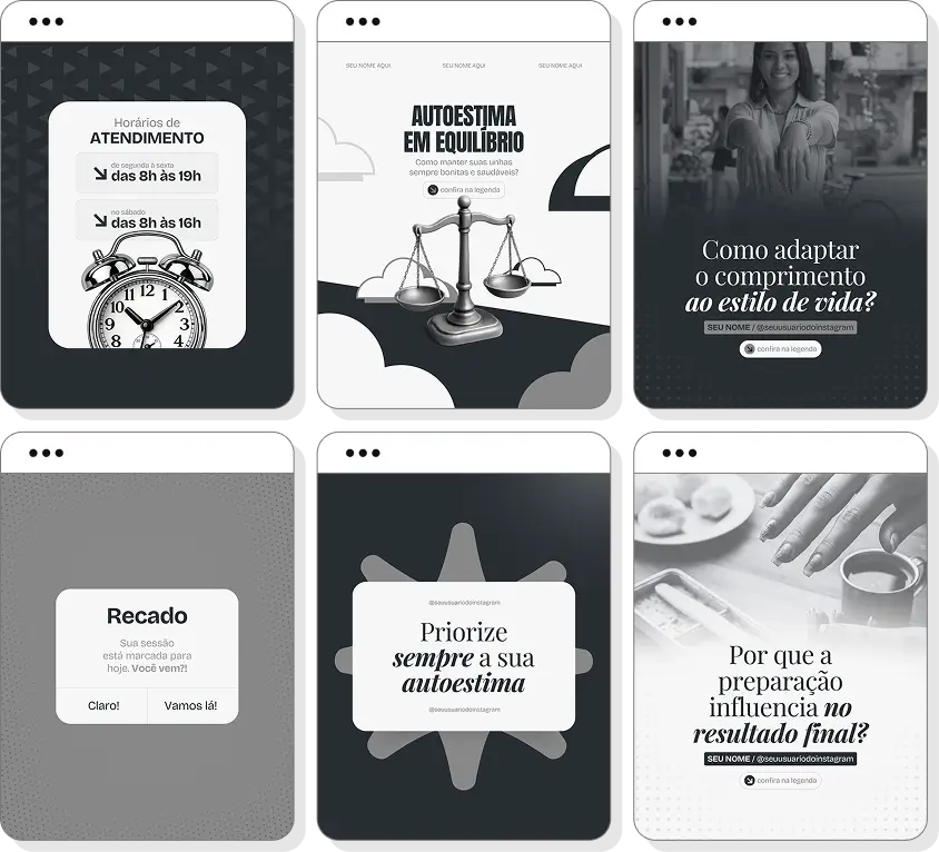 Pack Canva nail designer com ideias de posts para perfil de Instagram sobre unhas e beleza