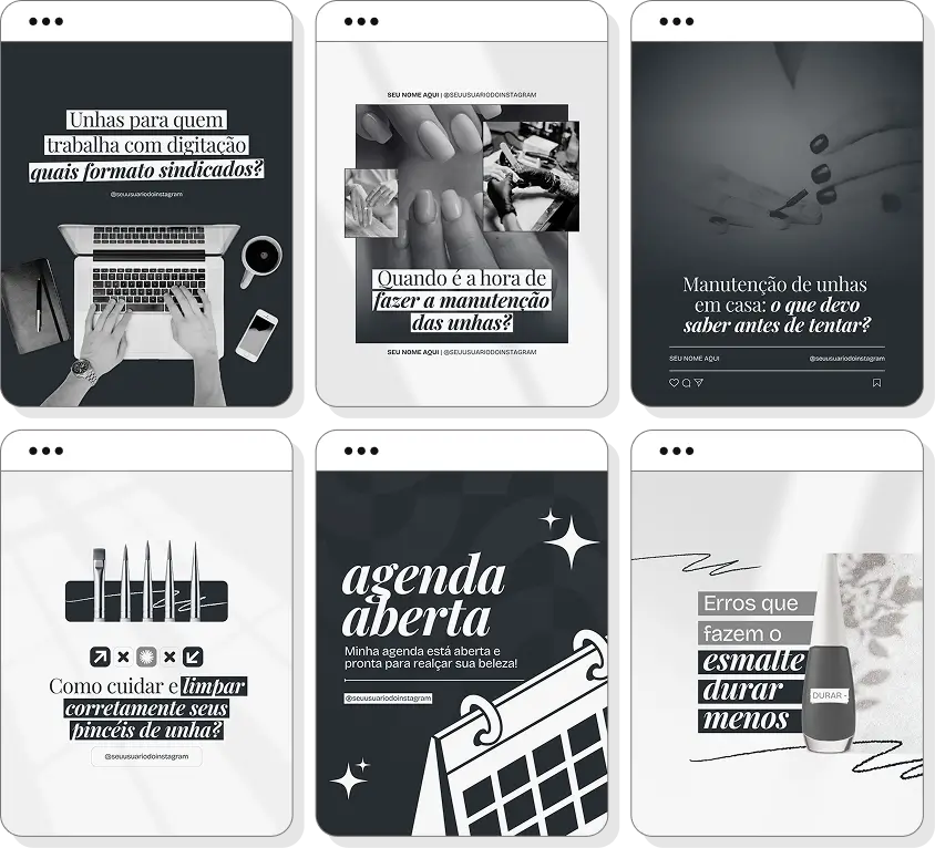 Pack de posts para Instagram nail designer com artes editáveis sobre manicure e alongamento de unhas