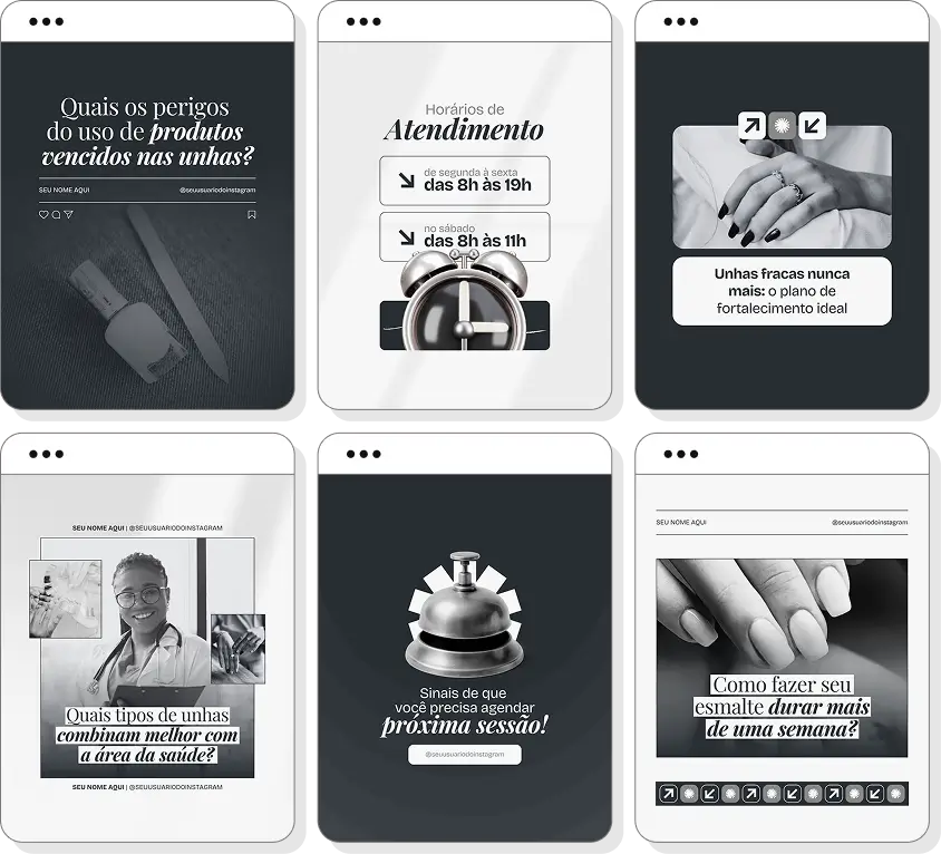 Posts para perfil de nail designer no Instagram com templates Canva sobre estética de unhas