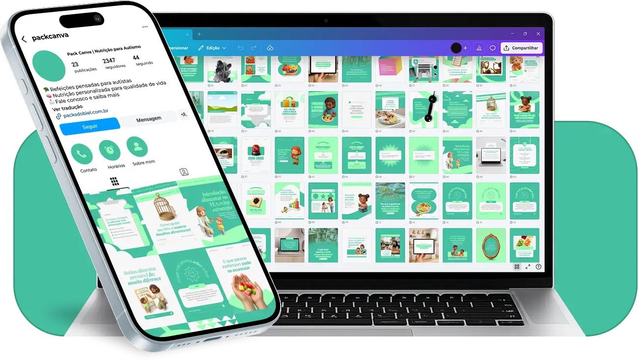 Pack Canva nutrição para autismo com posts editáveis para Instagram de alimentação e seletividade alimentar