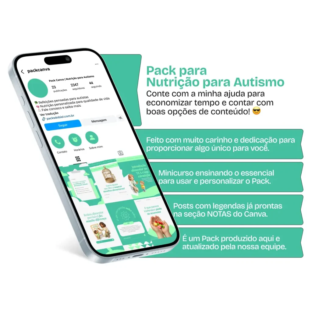 Pack de posts para nutrição para autismo com templates no Canva para Instagram sobre alimentação e desenvolvimento