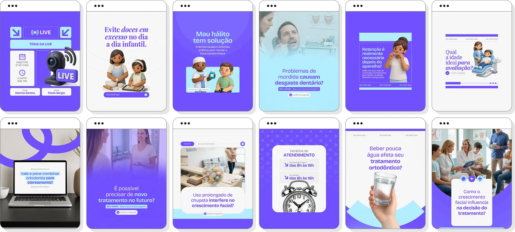 Posts para ortodontia com ideias de conteúdo para Instagram sobre aparelhos e alinhamento dental