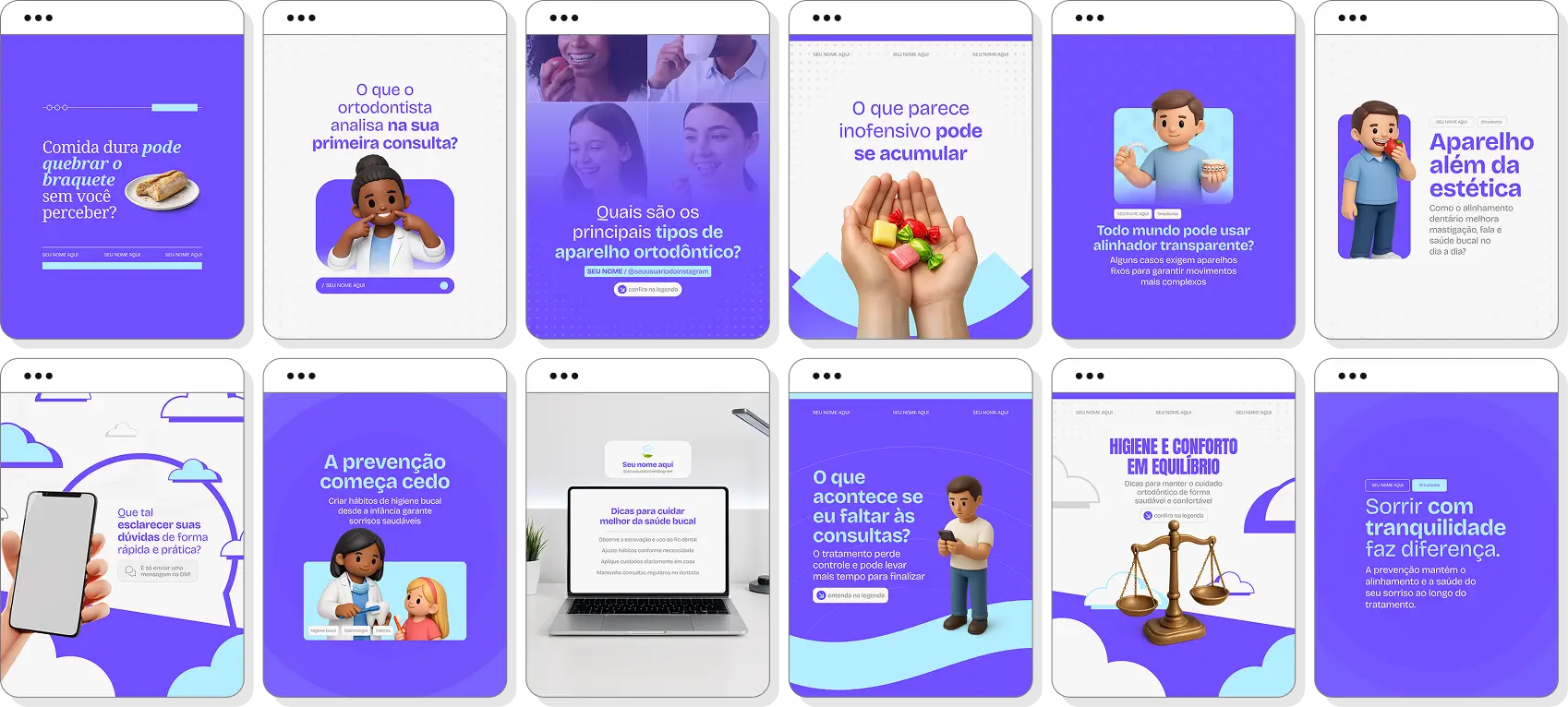 Social media ortodontia com pack de posts para Instagram de aparelhos dentários e ortodontia