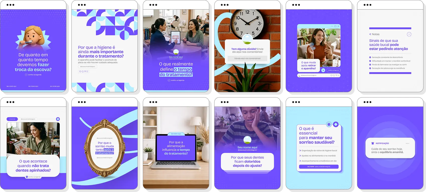 Posts para perfil de ortodontia no Instagram com templates Canva sobre sorriso e saúde bucal