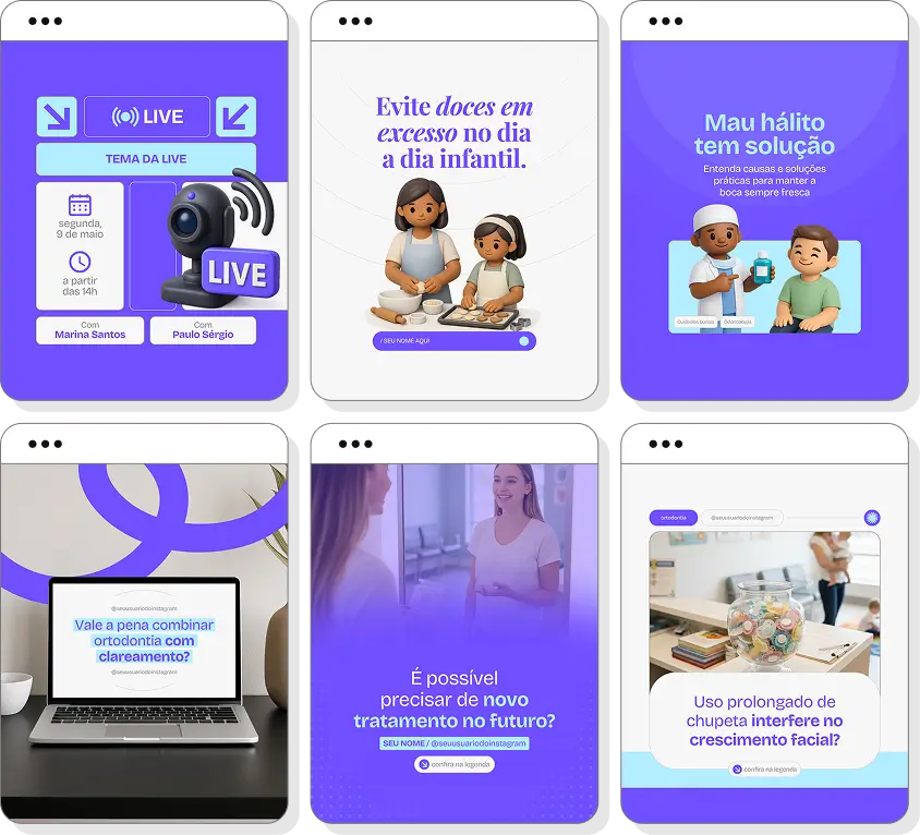 Pack de posts editáveis ortodontia com foco em correção dental, sorriso e saúde bucal