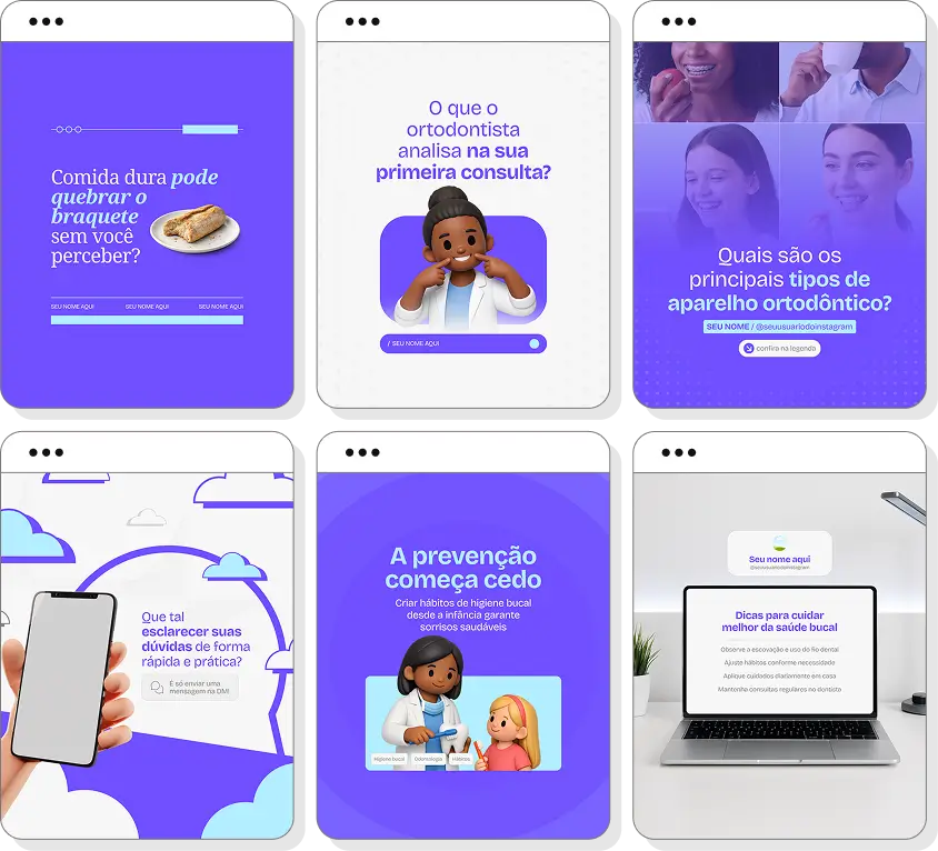 Pack de posts editáveis ortodontia com Instagram de alinhamento dental e saúde bucal