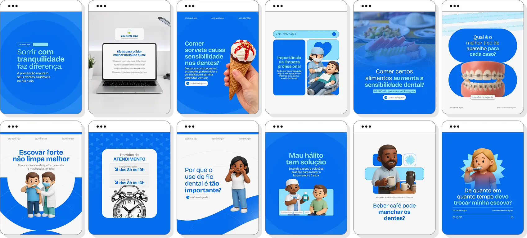 Posts para perfil de dentista no Instagram com templates Canva para divulgação de serviços odontológicos