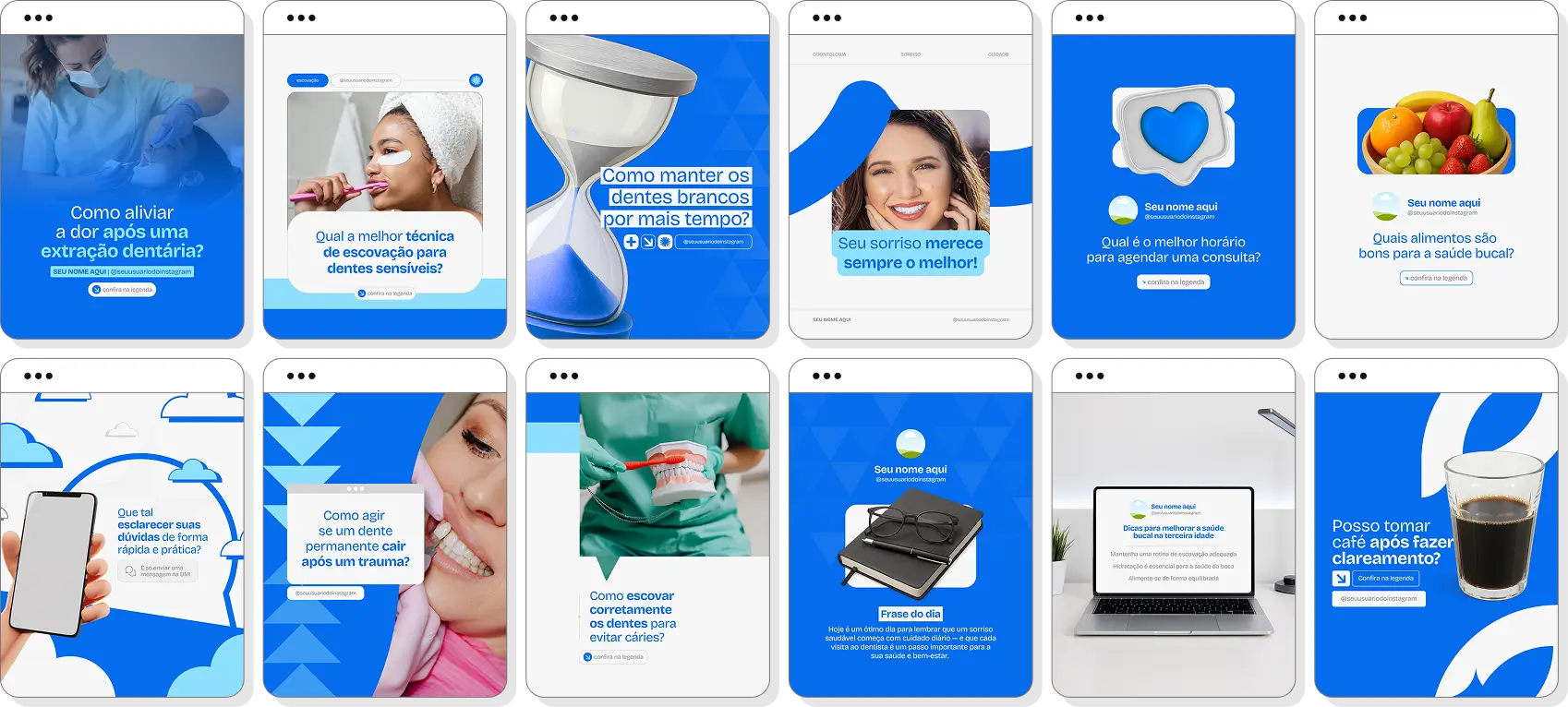 Pack Canva dentista com ideias de posts para perfil de Instagram sobre odontologia e sorriso saudável