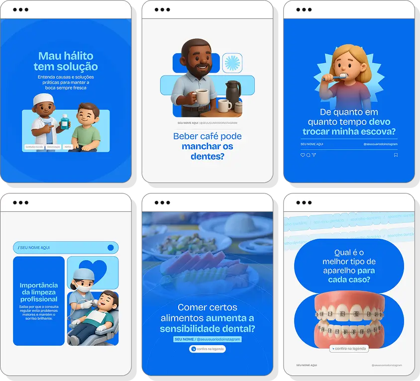 Pack de posts para dentista com templates no Canva para Instagram sobre saúde bucal, prevenção e sorriso