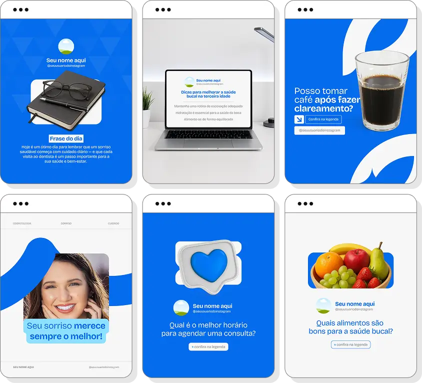 Pack Canva odontologia com posts editáveis para Instagram de saúde bucal e atendimento odontológico