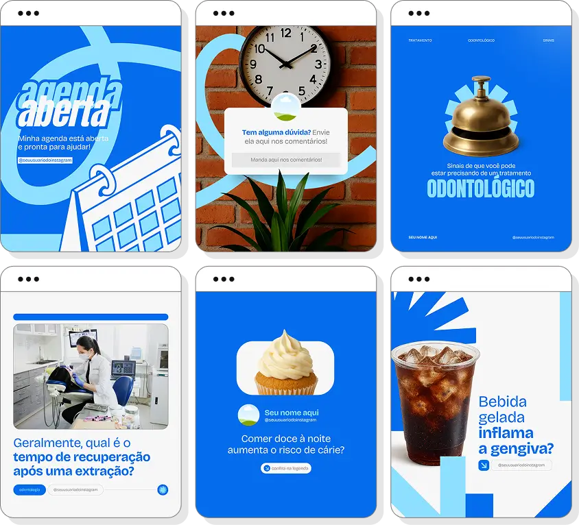 Pack Canva odontologia com conteúdos editáveis para social media de saúde bucal e odontologia