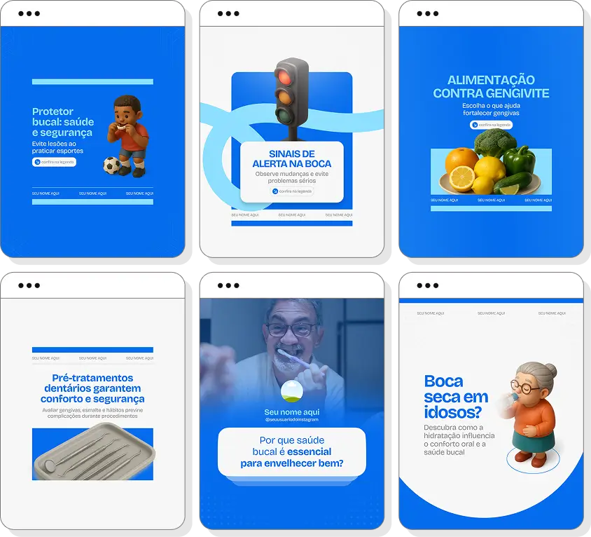 Pack de posts odontologia com templates para Instagram de dentes, prevenção e higiene bucal