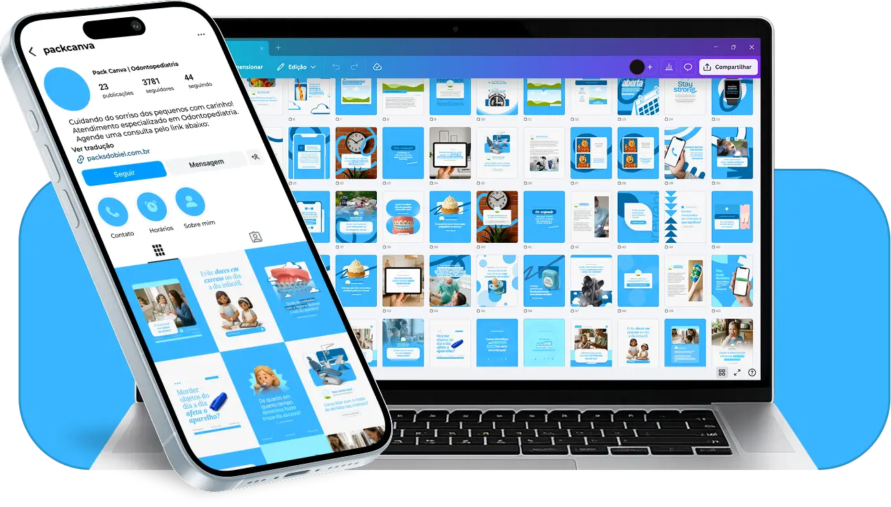 Pack de posts para odontopediatria com templates no Canva para Instagram sobre saúde bucal infantil
