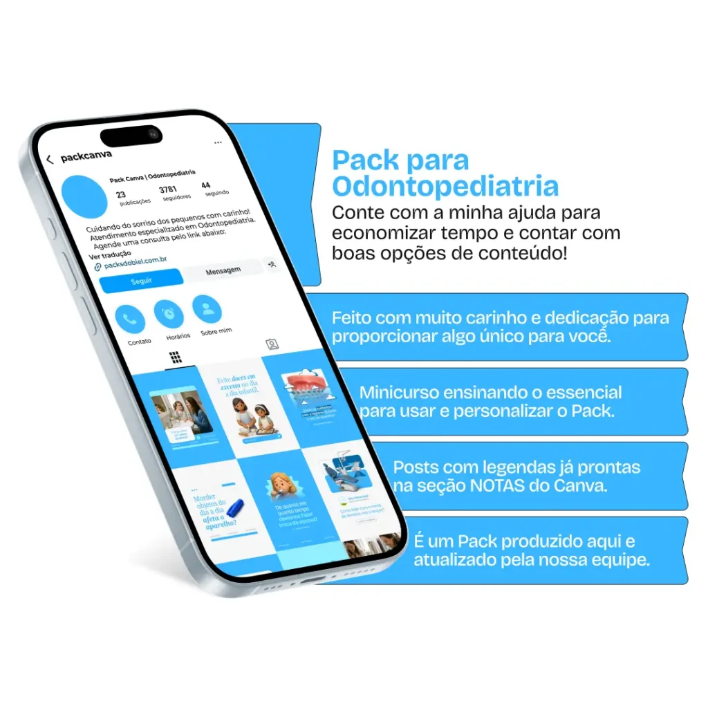 Pack Canva odontopediatria com posts editáveis para Instagram de cuidados dentários para crianças