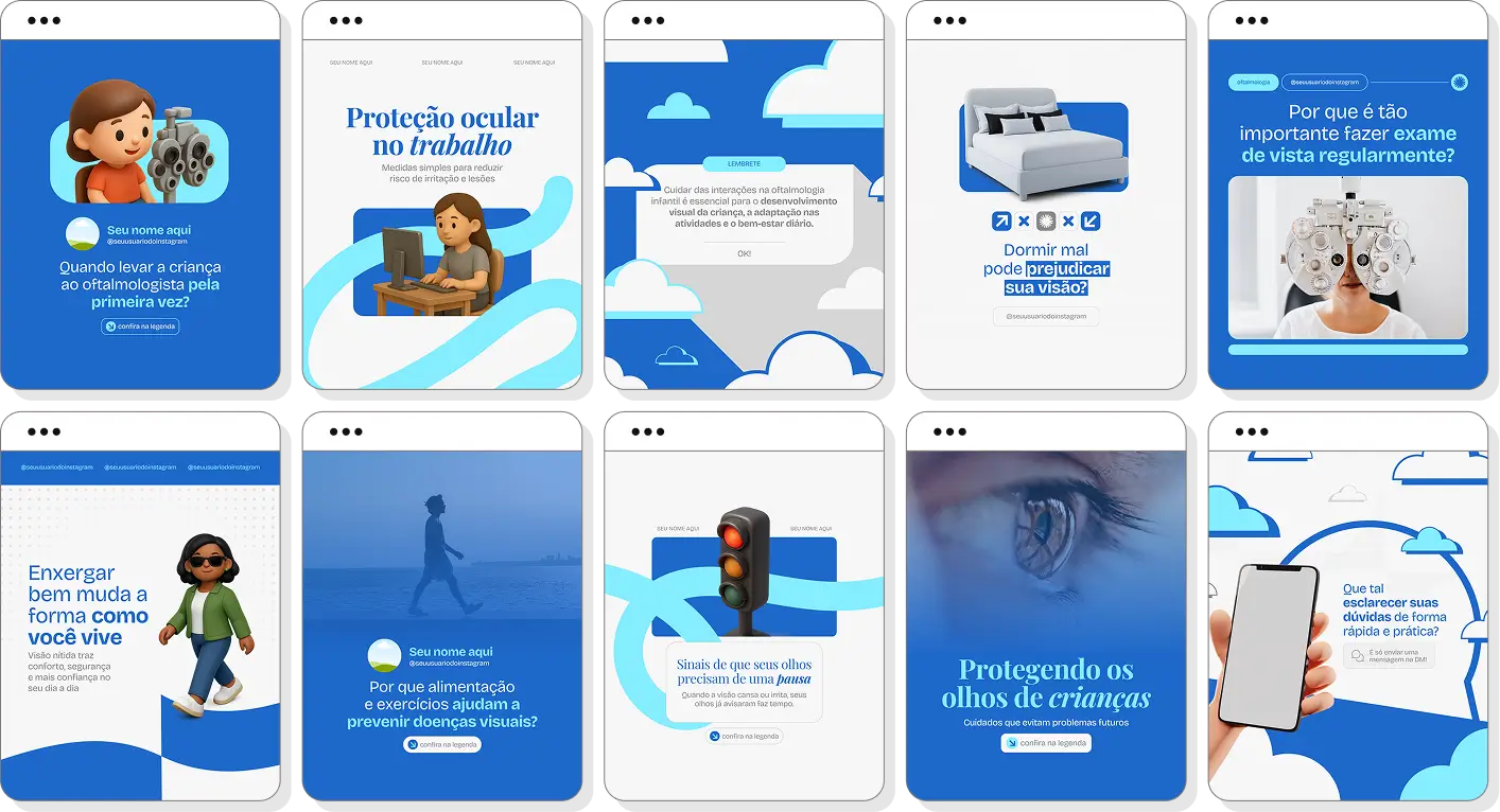 Pack Canva oftalmologia com posts para Instagram de exames de vista e cuidados com a visão