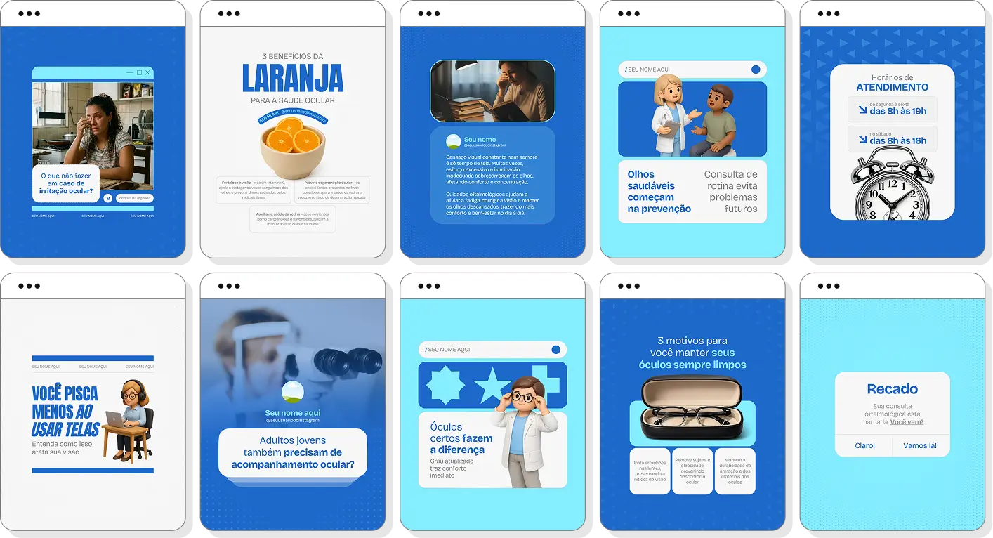 Social media para oftalmologia com pack de posts editáveis no Canva para Instagram profissional