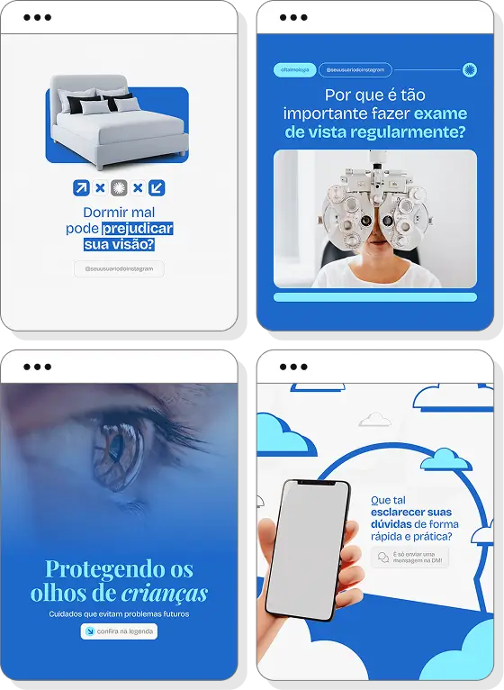 Pack de posts editáveis oftalmologia com Instagram de prevenção visual e cuidados oftalmológicos