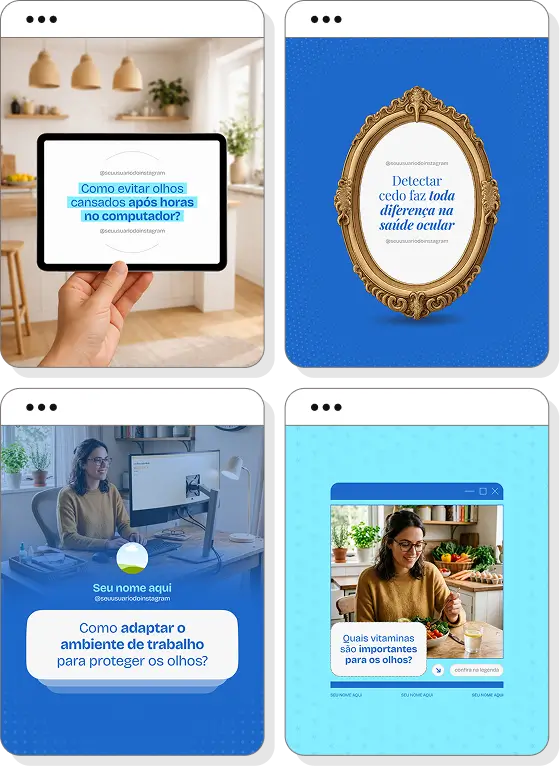 Pack social media oftalmologia com templates para Instagram de saúde visual e exames oftalmológicos