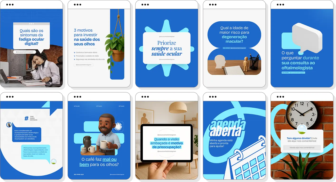 Pack de posts para Instagram oftalmologia com artes editáveis sobre saúde visual e prevenção ocular